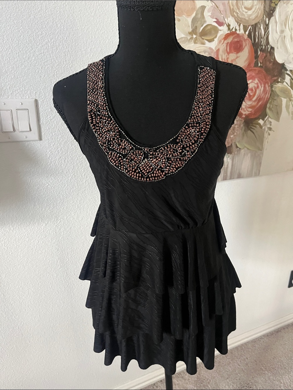 Black Beaded Neckline Tiered Women's top